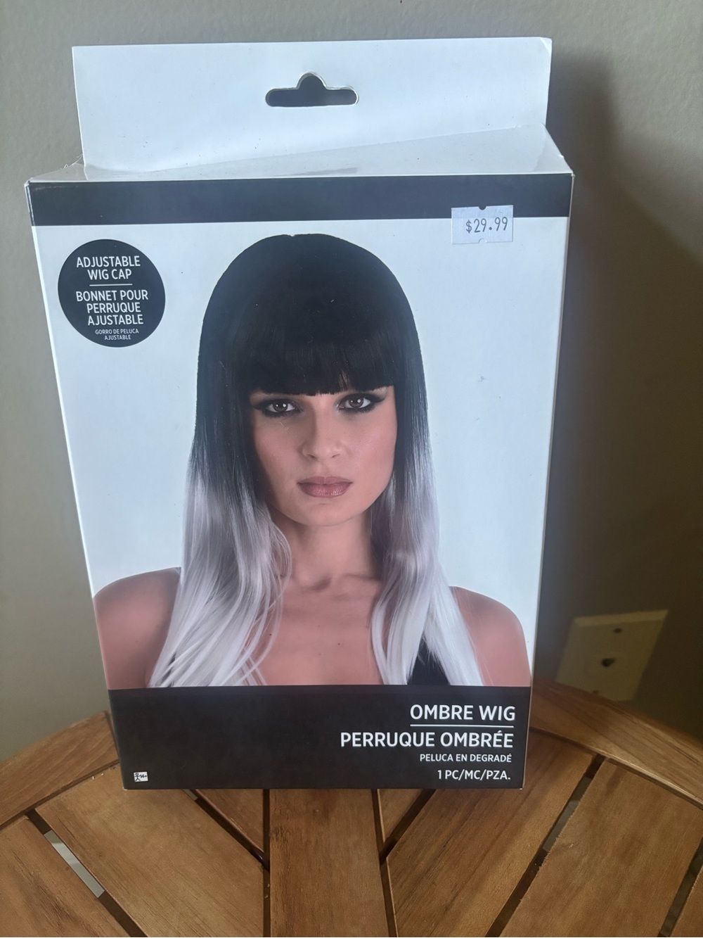 NWT Ombre Straight Wig W/Bangs Halloween Black, Silver, & White Adjustable